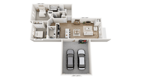 A floor plan of an apartment with two bedrooms, two bathrooms, and a garage for two cars.